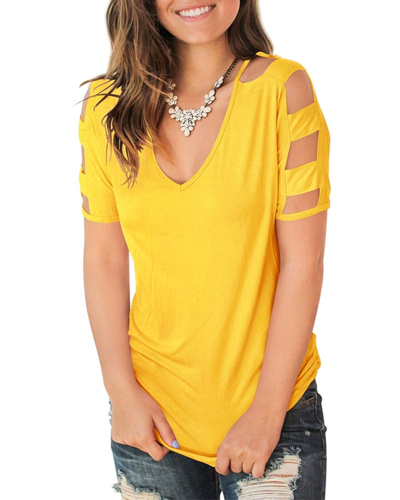 Jescakoo Summer Cut Out Shoulder T Shirts for Women Short Sleeve Blouses Yellow M - Image 2